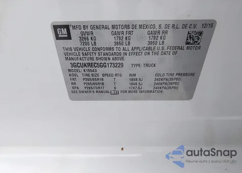 2016 Chevrolet Silverado 1500 1Lt z USA, uszkodzony, nr VIN 3GCUKREC5GG173229